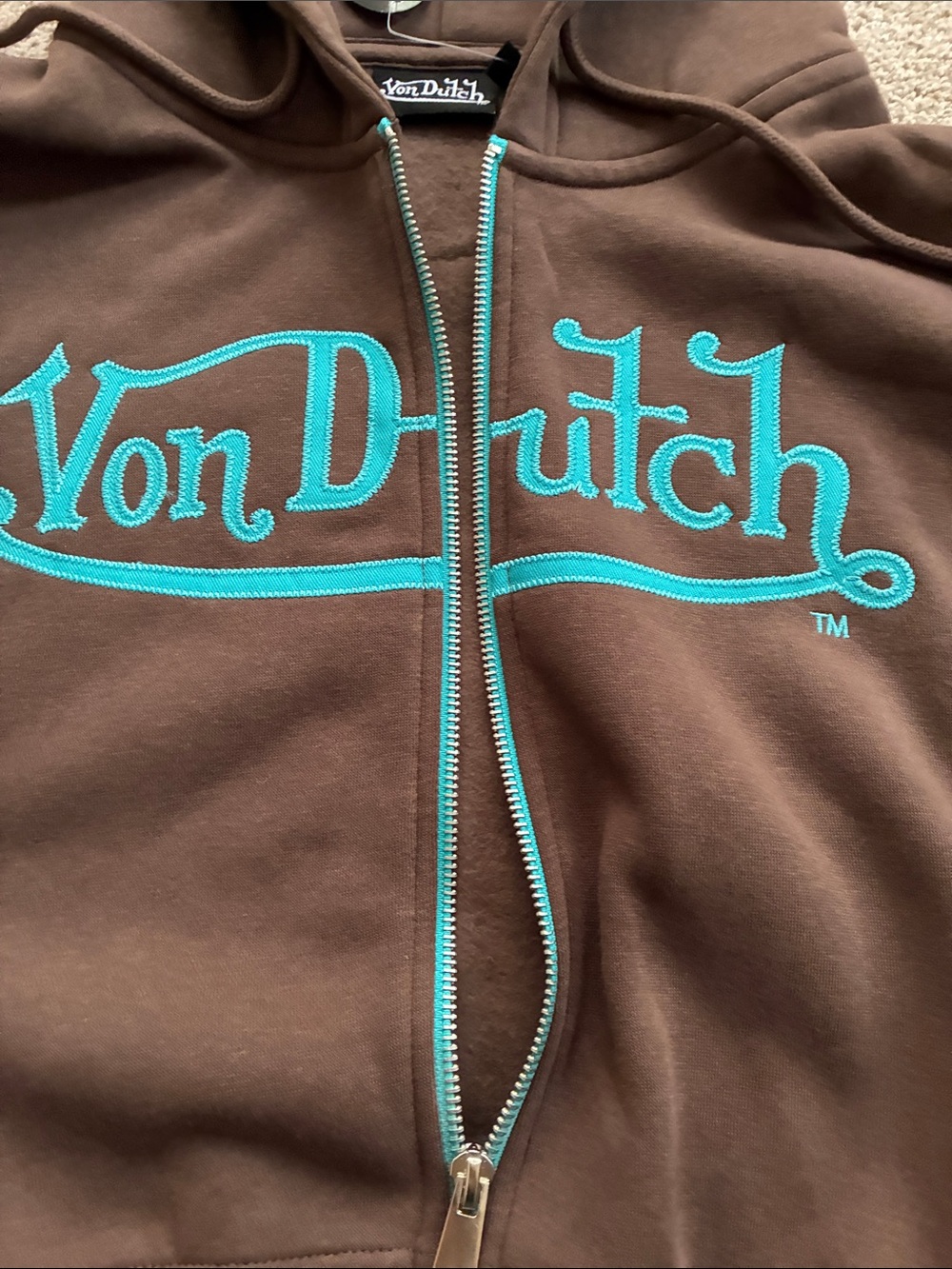 Von Dutch Brown Hoodie with Teal Logo and Zip - Picture 5 of 10